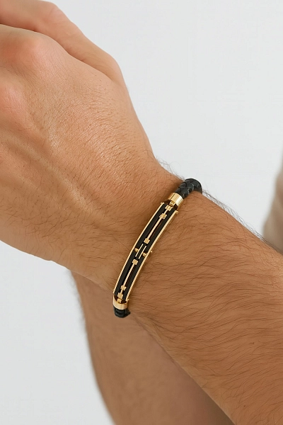 Gold Men's Leather Bracelet with Ceramic