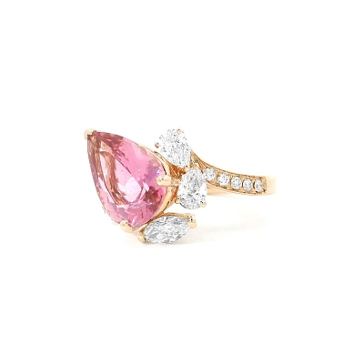 Drop Shaped Pink Tourmaline Ring with Shining Diamonds