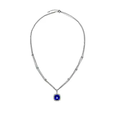 Necklace with Tanzanite in Halo Design Surrounded by Diamonds