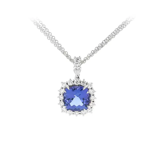 Necklace with Tanzanite in Halo Design Surrounded by Diamonds