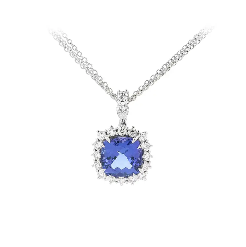 Necklace with Tanzanite in Halo Design Surrounded by Diamonds