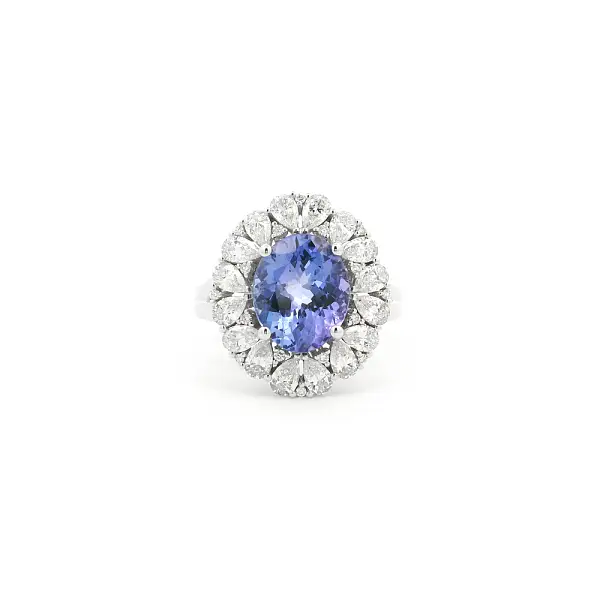 White Gold Ring with Tanzanite and Diamond Halo