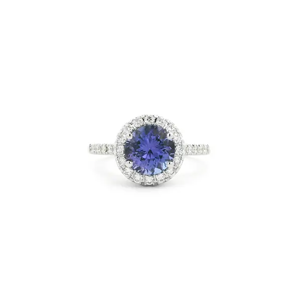 White Gold Ring with Tanzanite and Diamond Halo