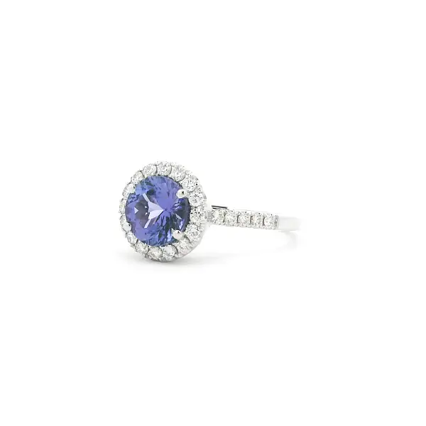White Gold Ring with Tanzanite and Diamond Halo