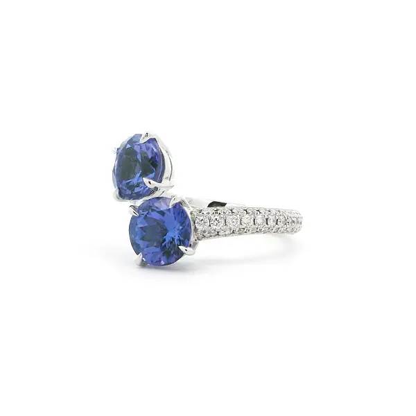 White Gold Ring with Two Tanzanites and Diamonds