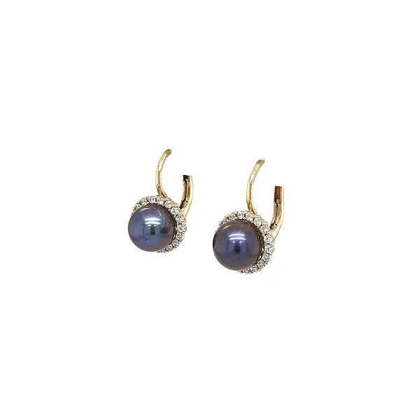 Gold Earrings with Black Pearls and Zircon Halo