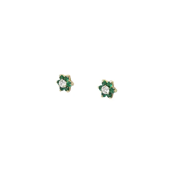 Gold Flower Stud Earrings with Green and Clear Stones