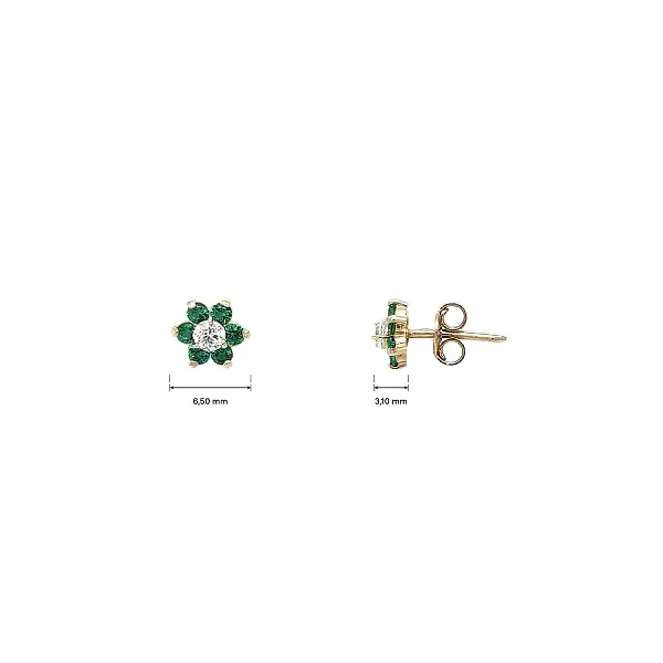 Gold Flower Stud Earrings with Green and Clear Stones