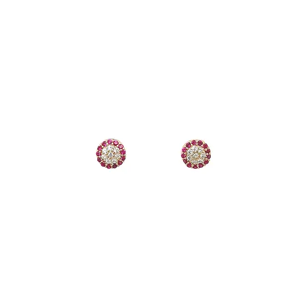 Gold Round Stud Earrings with Red and Clear Stones