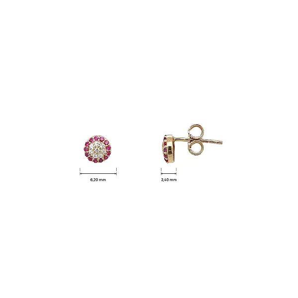 Gold Round Stud Earrings with Red and Clear Stones