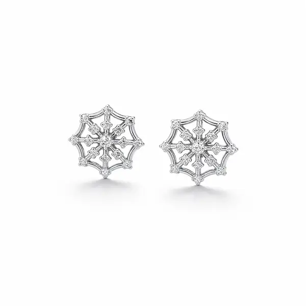 Gold Stud Earrings with Snowflake Motif and Zirconia