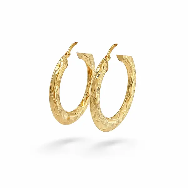 Yellow Gold Hoop Earrings with Engraved Pattern