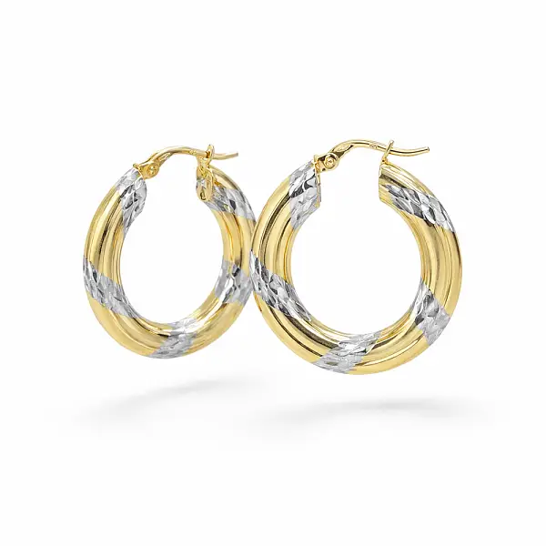 Hoop Earrings in Combined Gold with Engraved Details
