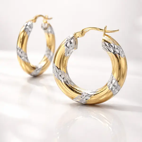 Hoop Earrings in Combined Gold with Engraved Details