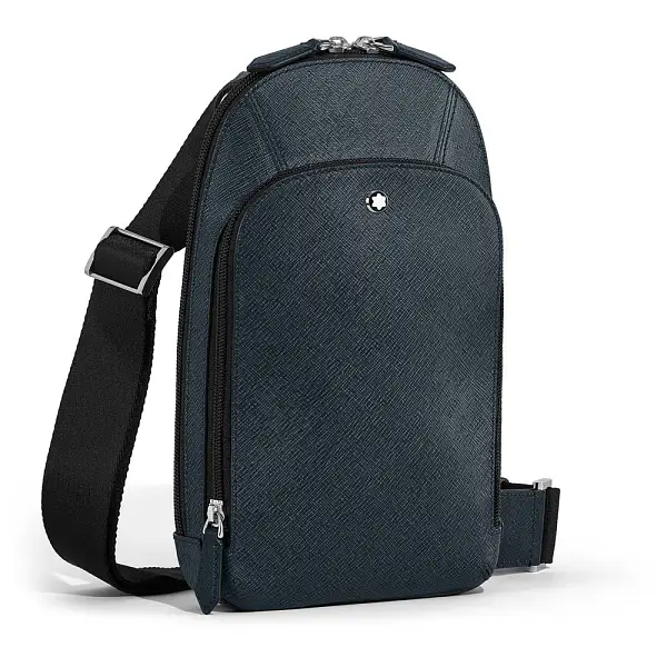 Montblanc Sartorial – Medium Crossbody Bag in Leather, Tweed Blue MB220356