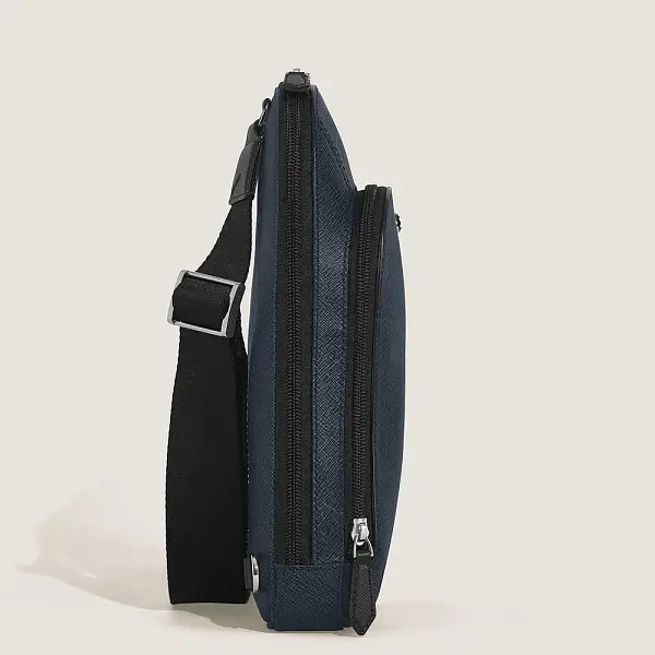 Montblanc Sartorial – Medium Crossbody Bag in Leather, Tweed Blue MB220356