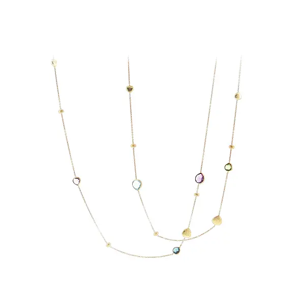 Elegant 14k gold necklace with colorful stones and hearts