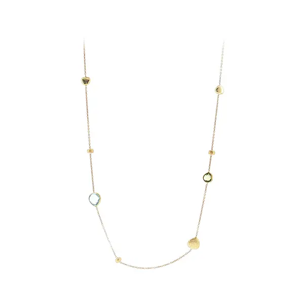 Elegant 14k gold necklace with colorful stones and hearts