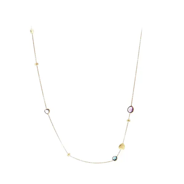 Elegant 14k gold necklace with colorful stones and hearts