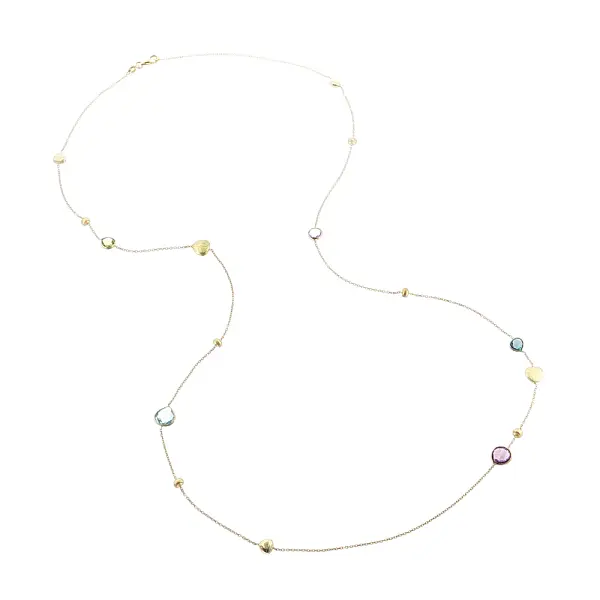 Elegant 14k gold necklace with colorful stones and hearts