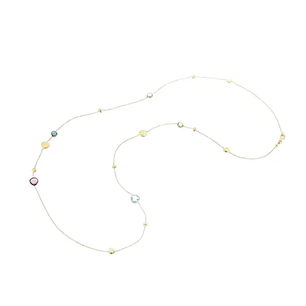 Elegant 14k gold necklace with colorful stones and hearts
