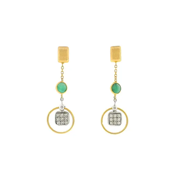Gold drop earrings with green stone and zirconia