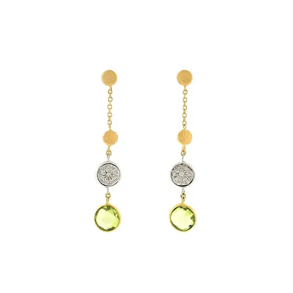 Gold drop earrings with green stone and zirconia