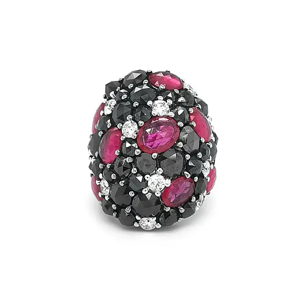 Gold Ring with Rubies, Black and White Diamonds