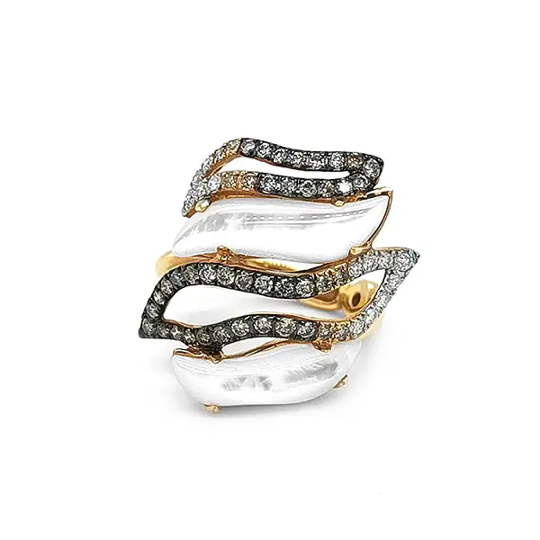 Gold Ring with Pearl and Colored Diamonds