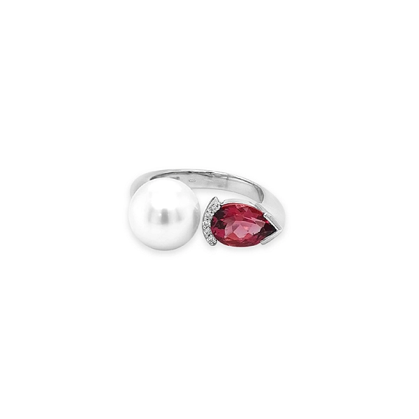 Gold Ring with Natural Pearl and Tourmaline
