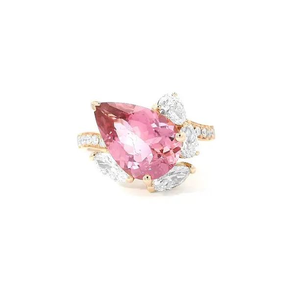 Drop Shaped Pink Tourmaline Ring with Shining Diamonds