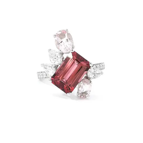 Luxury Tourmaline Ring Decorated with Morganites and Diamonds