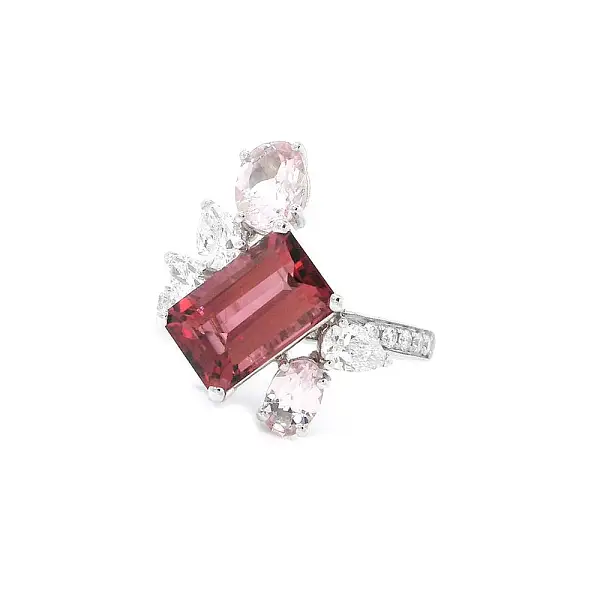 Luxury Tourmaline Ring Decorated with Morganites and Diamonds