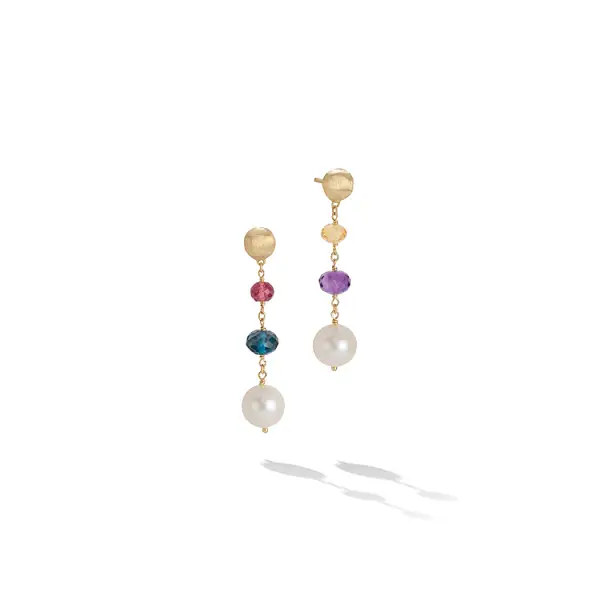 Gold Earrings with Pearls and Coloured Semi Precious Stones