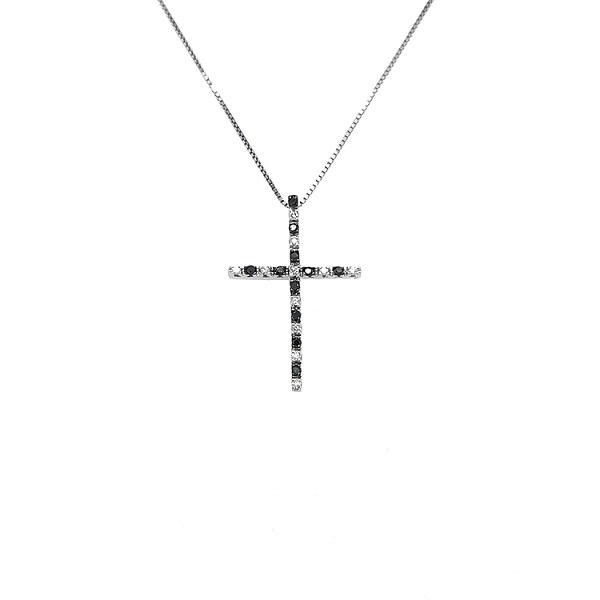 Gold Pendant Cross with Black and White Diamonds