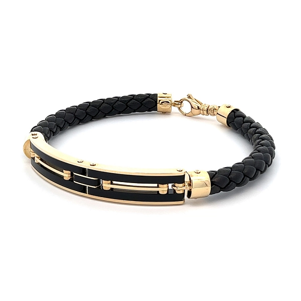 Gold Men's Leather Bracelet with Ceramic