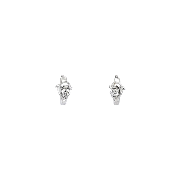Round Earrings with Dolphin and White Gold Zircons