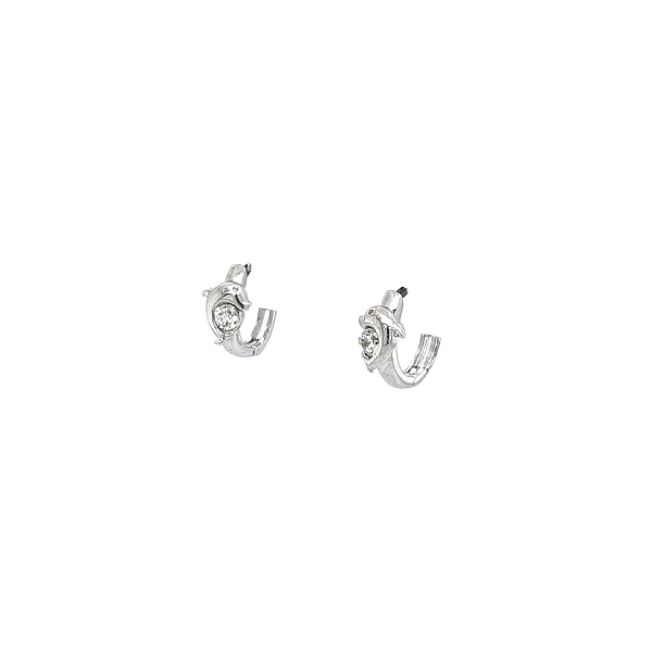 Round Earrings with Dolphin and White Gold Zircons