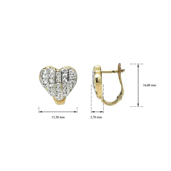 Gold Earrings in Heart Shape Decorated with Small Rhinestones