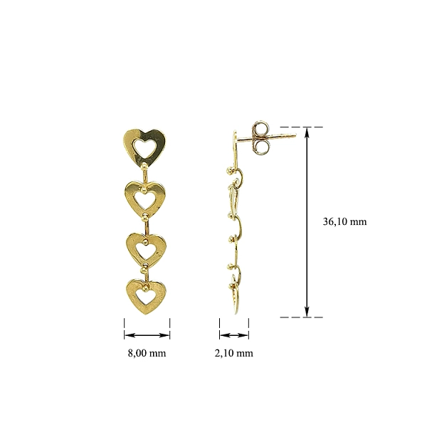 Gold Hanging Earrings Hearts