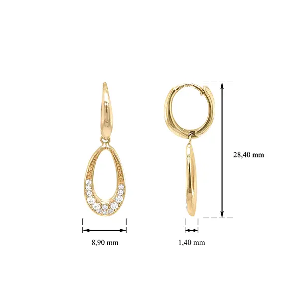 Gold dangle earrings with Zircons