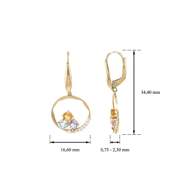Gold dangle earrings with Zircons