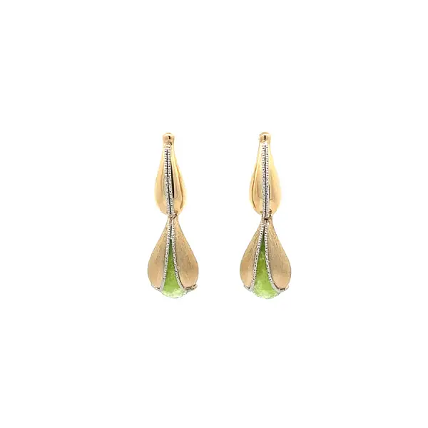 Gold dangle earrings with green stone