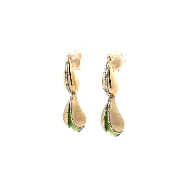 Gold dangle earrings with green stone