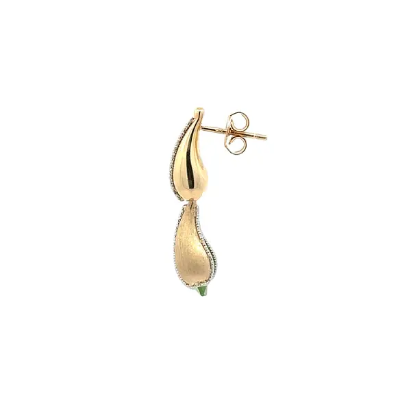 Gold dangle earrings with green stone
