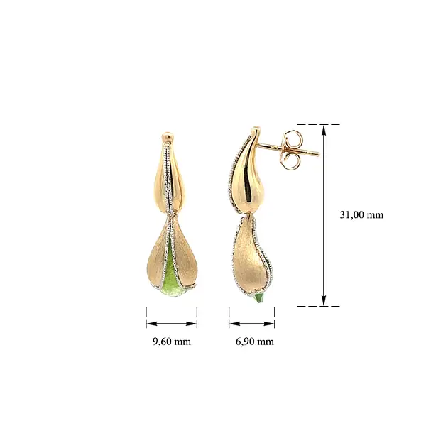 Gold dangle earrings with green stone