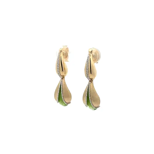 Gold dangle earrings with green stone