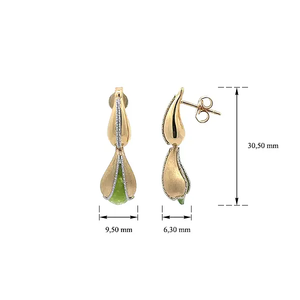Gold dangle earrings with green stone