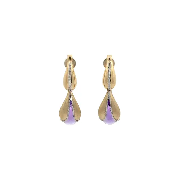 Gold dangle earrings with purple stone