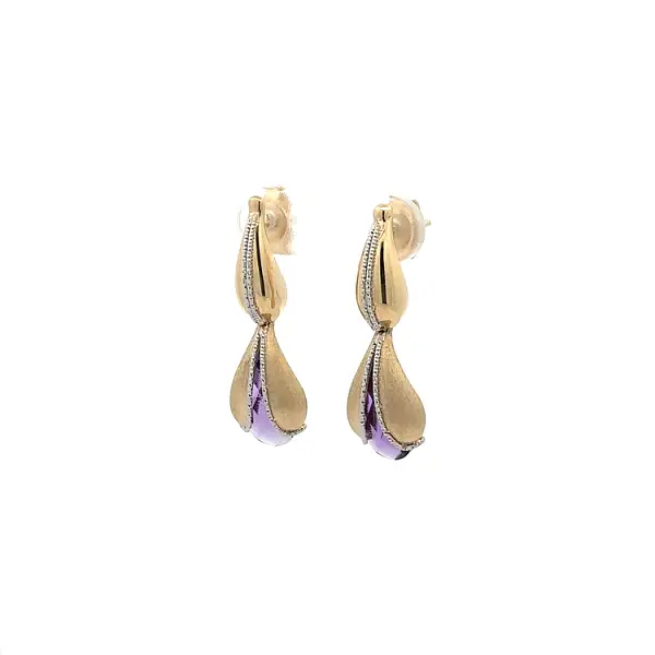 Gold dangle earrings with purple stone